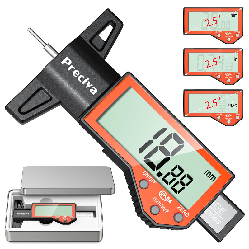 Preciva Tire Tread Depth Gauge, Digital Tire Depth Gauge with Large LCD Display and Inches, Millimeters, Fraction Conversion, Tread Depth Gauge Suitable for Thread Depth, Brake Shoe and Pad Wear Orange