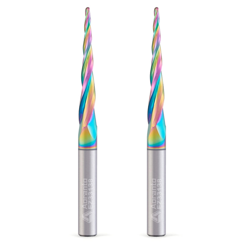 EZ33138 3.6° Tapered Ball Nose CNC Router Bit 1/4" Shank, Industrial Quality Extra Long Life Coating Carbide Spiral End Mill for 3D Carving Engraving, 3 Flutes 1/16" Tip Dia x 1-1/2" CL 2 Pack 1/16"Dia 1/16"Dia x 3.6° x 1-1/2"CL x 1/4"SHK