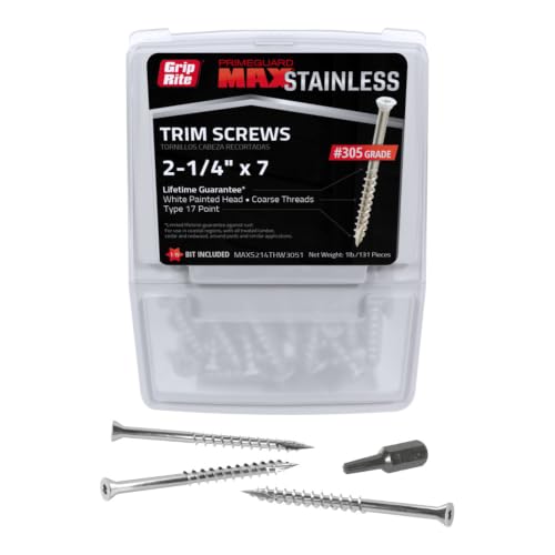 Grip-Rite PrimeGuard Max Deck Screws for Outdoor Projects - Hand Drive Trim Head Wood Screws - T17 Star Drive - 305 Stainless Steel - 7 x 2-1/4" - 1 Lb - MAXS214THW3051