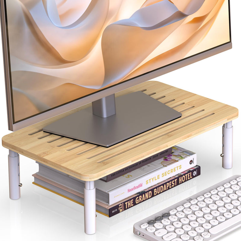 Bamboo Monitor Stand Riser, 4 Adjustable Height, Laptop Stand with Airflow Vents, Desk Organizer for Computer, PC, Printer (Natural) Natural 1 pack