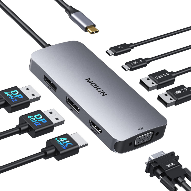 USB C Docking Station Dual DisplayPort, 8 in 1 USB Hub with 2 DP, HDMI, VGA, USB C 2.0, A 2.0, PD Charging Port, Multi Monitor Adapter for Dell/HP/Lenovo Laptops 8-in-1