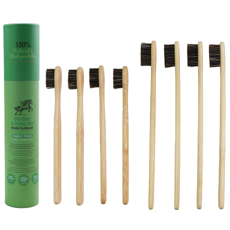 Gaia Guy Natural Bristle Bamboo Toothbrush Family Pack (NO Nylon - Horsehair ONLY) - Totally Compostable & Biodegradable Horse Hair Bristle and Bamboo Toothbrushes - Zero Waste - 4 Kids and 4 Adults