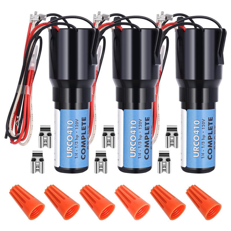 URCO410 3 in 1 Hard Start Kit Compatible with Refrigerators and Freezers (3 Pcs), 115V AC Solid State Relay Overload Protection for 1/4 to 1/3 HP Compressor Hard Start Capacitor URCO410