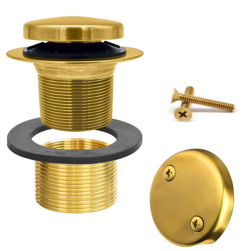 LXLTOUS Brushed Gold Toe Tap Bathtub Trim Set with Two-Hole Overflow Faceplate, Replacement Brass Tub Drain Kit with 2-Hole Overflow Cover and Universal Fine/Coarse Thread, Fits 1-3/8" and 1-1/2"