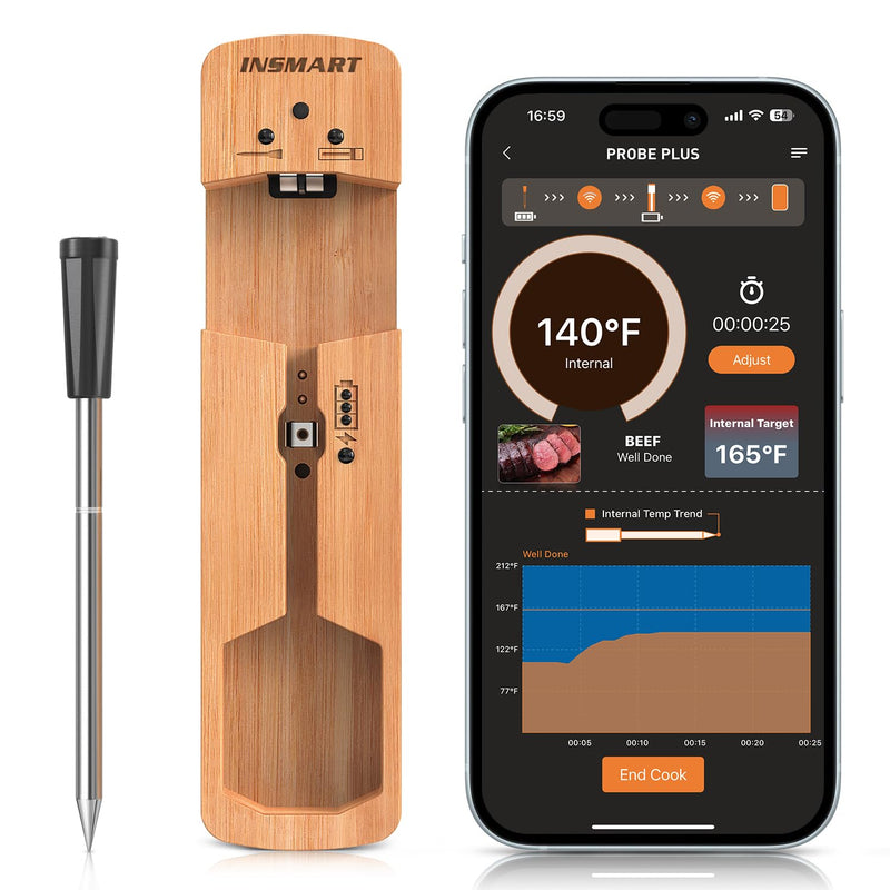INSMART Wireless Smart Meat Thermometer,330FT Bluetooth Range,100% Waterproof,Precision Cooking Grilling,Multi Sensors,for BBQ,Oven,Grill,Kitchen,Smoker, Rotisserie Turkey Beef (Wood) Wood