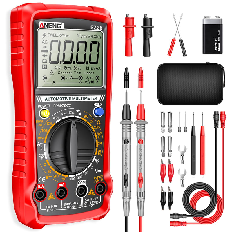 ANENG SZ26 Multimeter,Digital Automotive Engine Analyzer with 500-10000RPM Tach,Dwell Angle,Duty Cycle,DC Current,AC/DC Voltage,Amp,Ohm,Large LCD,Data Hold,Versatile Tester for Car Diagnostics SZ26 Automotive Multimeter