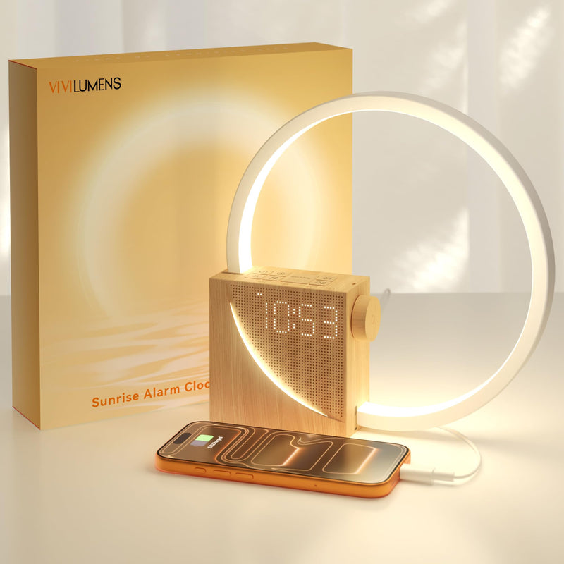 Vivilumens Sunrise Alarm Clock Sound Machine Nightlight, Gradual Wake Up Light, Digital Dimmable Clock, 10 White Noise Sleep Sounds, Snooze, Dual Clocks for Heavy Sleeper Adult, Decor Gifts for Women New Wood Grain