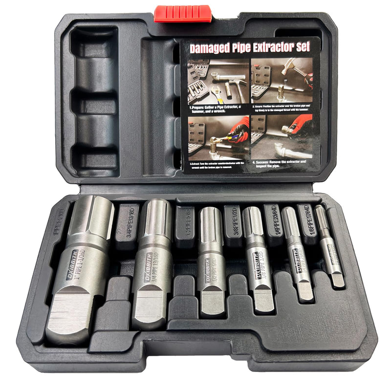 Pipe Extractor Set, 6-Piece Heavy Duty Steel Broken Pipe Extractors for Removing Damaged Threaded Pipes & Fittings from 1/8" to 1", with Durable Storage Case, Ideal Tools for Plumbers Mechanics DIY 6 Piece Pipe Extractor Set