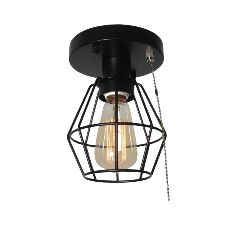 Black Metal Wire Cage Ceiling Light with Pull Chain, 1-Light Modern Industrial Semi Flush Mount Light Small Pull String Entryway Porch Ceiling Light Fixture Edison E26 161 1-light 161