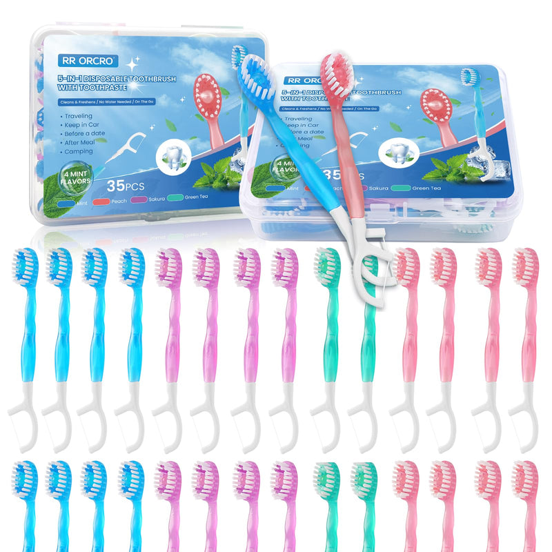 THE ORIGINAL 70Pack Mini Disposable Toothbrushes with Toothpaste Waterless | 5-in-1 Waterless Prepasted Toothbrush with Tongue Scraper+Floss+Pick, Individually Wrapped Box, 4 Flavors Travel/Camp/Hotel 70