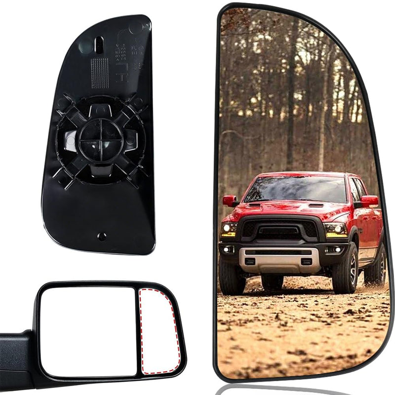 Passenger Right Side Lower Mirror Glass Replacement，For 2010-2020 Dodge Ram 1500 2500 3500 4500 5500 Towing Model, 68067730AA，Right Pass Convex Lower Mirror Glass， with Bracket Lower Mirror Glass Passenger side