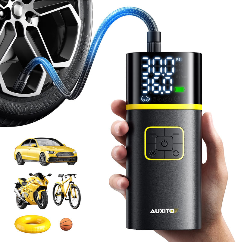 AUXITO Tire Inflator Portable Air Compressor - 150PSI 1Min Fast Inflate Air Pump for Car Tires with Tire Pressure Gauge, LED Flashlight, Portable Tire Inflatores for Car, Sedan, Motorcycle, Bike, Ball A301-5200mAh