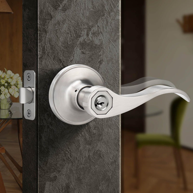 Moquin Wave Design Keyed Entry Door Lever with Lock, Reversible Door Handle for Right/Left Side Front/Entrance Door Lock in Satin Nickel Finish Keyed Entry-Lock & Key