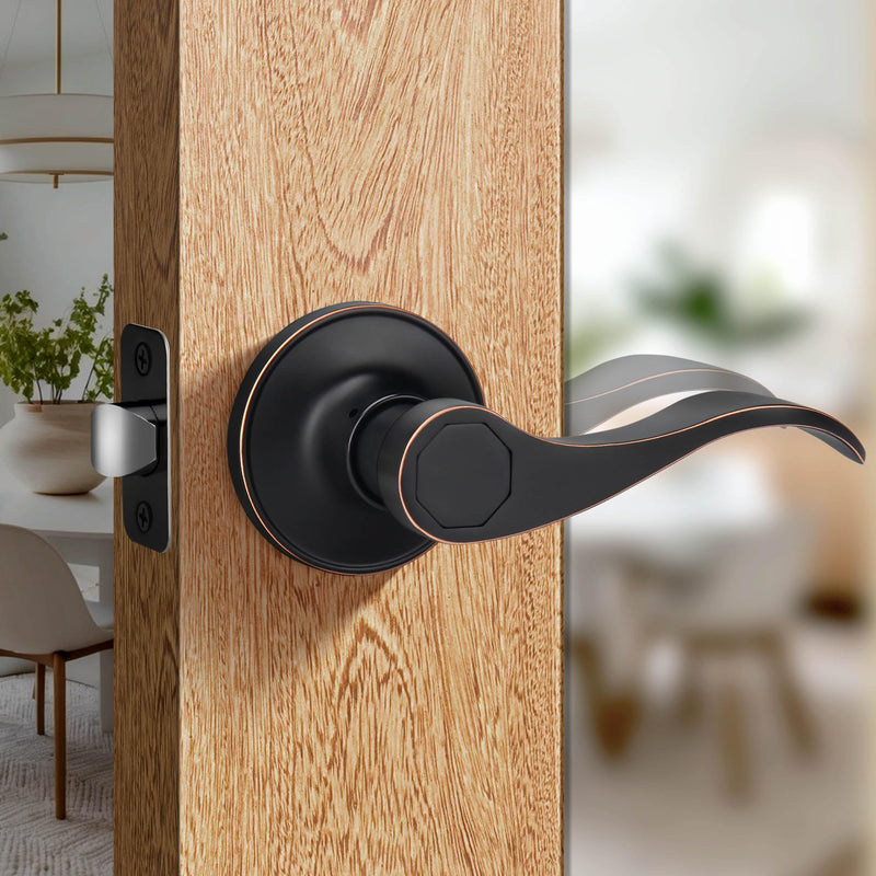 Moquin Wave Design Passage Door Lever Without Keys and Lock, Reversible Door Handle for Right/Left Side Closet/Hallway Door Lock in Oil-Rubbed Bronze (Red Margin) Finish Passage-NO Lock & NO Key
