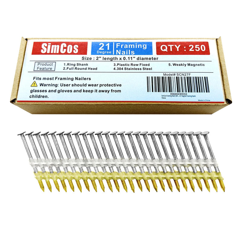 Framing Nails 304 Stainless Steel 21° Full Round Head Nail 21 Degree Ring 2" Shank Nail for Pneumatic, Electric 21 degree Framing Nailer (2" - 250 pcs) 2"--250 pcs