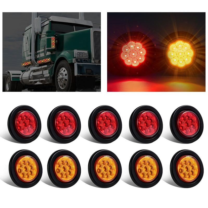 10Pack(5 Amber + 5 Red) 2" 9 LED Round Trailer Side Marker Light Grommet Flush Mount, [DOT Approved] Sealed 2 inch Clearance Lights with Reflex Lens for Truck RV Camper, IP67 Waterproof, 12V Amber/Red - 9 LED