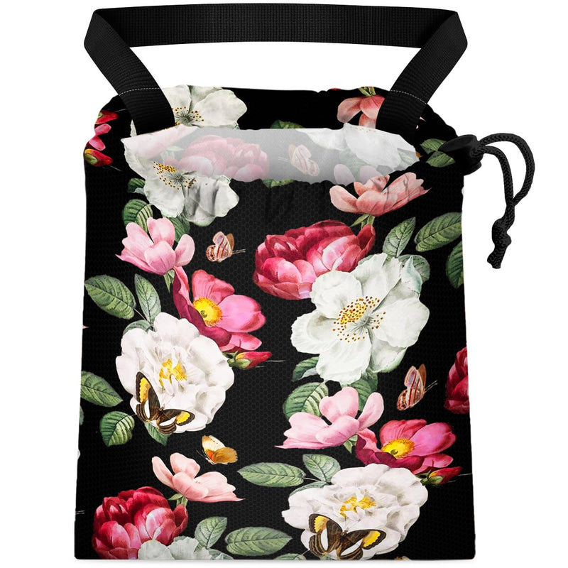 Car Trash Bag Hanging Back of Seat Waterproof Small Cute Printed One-handed Strap Drawstring Garbage Bags for Car-Black Floral Black Floral Car Trash Bag