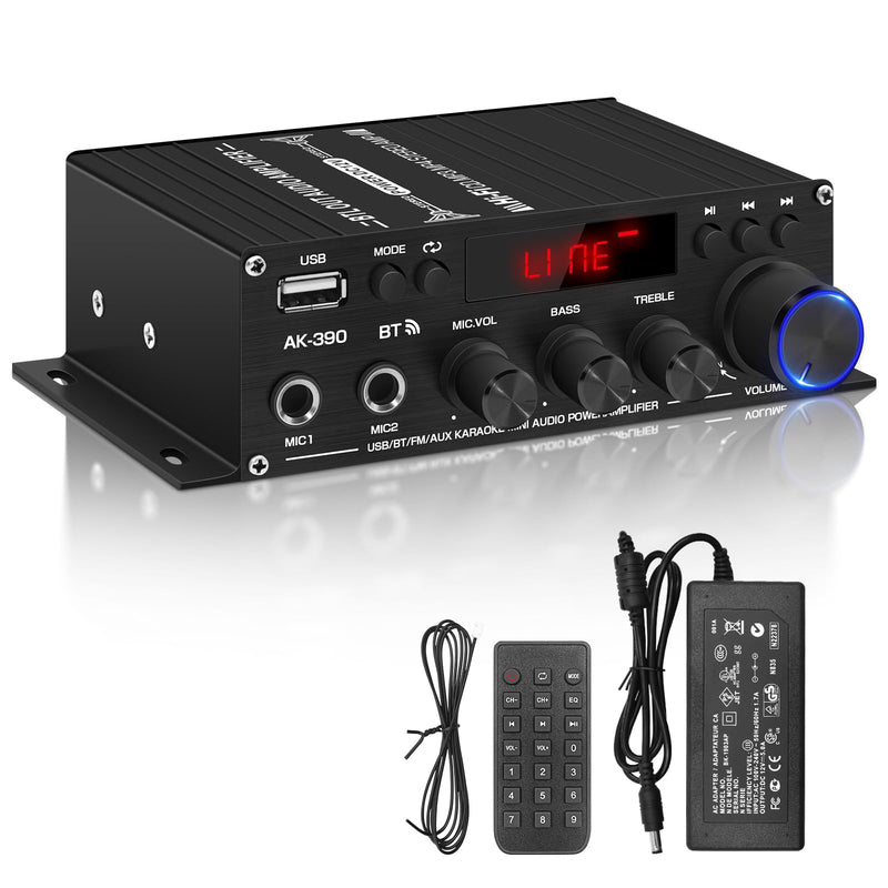 Stereo Amplifier Home Audio Receiver AK-390,AMP Speaker Bluetooth 5.0 Amplifier 400W+400W 2 Channels with 12V/5A Power Amplifier HiFi Amplifier FM Radio,(BT,USB, AUX, Mic)Input for Home Party