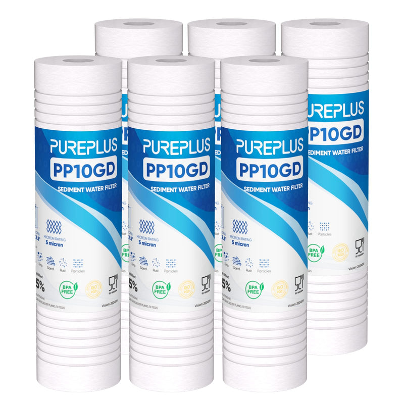 PUREPLUS 5 Micron 10" x 2.5" Whole House Grooved Sediment Home Water Filter, Replacement Cartridge for 10 inch RO Pre-Filter & RV Housing, AO-WH-PREV-R2, AP110, WHKF-G05,AB-SGR5M, GXWH20S,CFS10, 6Pack 6 Count (Pack of 1)