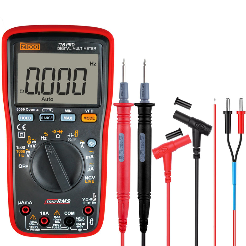 ZIBOO 17B PRO True RMS Digital Multimeter Measures AC/DC Voltage and Current Measurements up to 1000V and 10A (Optional AC Pliers)