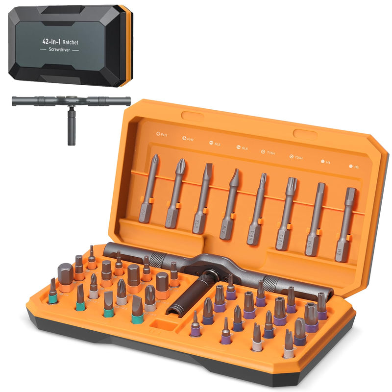 Upgraded 42 in 1 Magnetic Screwdriver Set, Ankilo DIY Ratchet Screwdriver Set, Multi Bit Magnetic Drive with 40 PCS Magnetic Bits, Portable Repair Tool Kit for Valentine's Day Gifts Home, Bike Repairs Orange