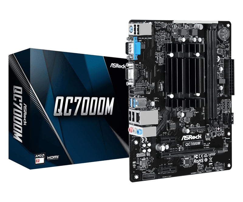 ASRock QC7000M AMD FT3b Carrizo-L E2-7110 Quad-Core APU Motherboard - DDR3 1600, Radeon R2 Graphics, HDMI/D-Sub, USB 3.2 Gen1, SATA3, Gigabit LAN, 7.1CH Audio
