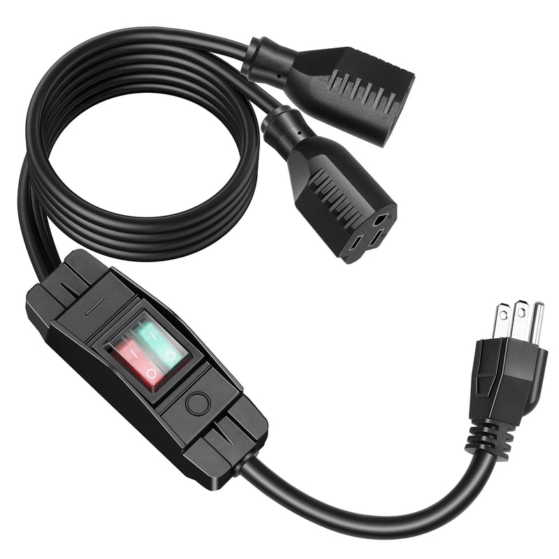 2-Way Extension Cord Splitter with On/Off Switch, Heavy Duty 3-Prong Extension Cord with Switch, Y-Splitter,14AWG 15A/125V & 18AWG 10A/125V, Switched Splitter Extension Cord 1 to 2 Outlet(6FT) 6FT