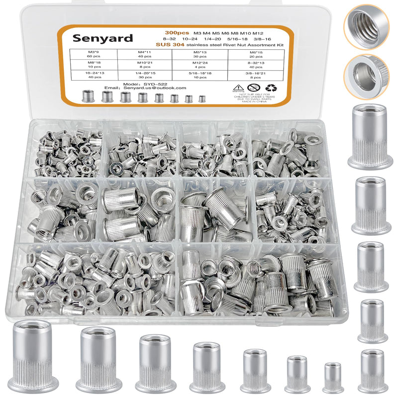 Metric & SAE Rivet Nuts Assortment kit, 300 Pcs Stainless Steel Rivet Nuts kit, M3 M4 M5 M6 M8 M10 M12#8-32#10-24 1/4"-20 5/16"-18 3/8"-16 Stainless Rivet nut rivnuts Metric & SAE-300pcs Silver