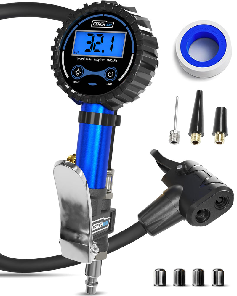 Presta Valve Air Chuck – Digital Bike Tire Inflator with Pressure Gauge – Schrader to Presta Valve Adapter for Air Compressor Blue (Classic Style)