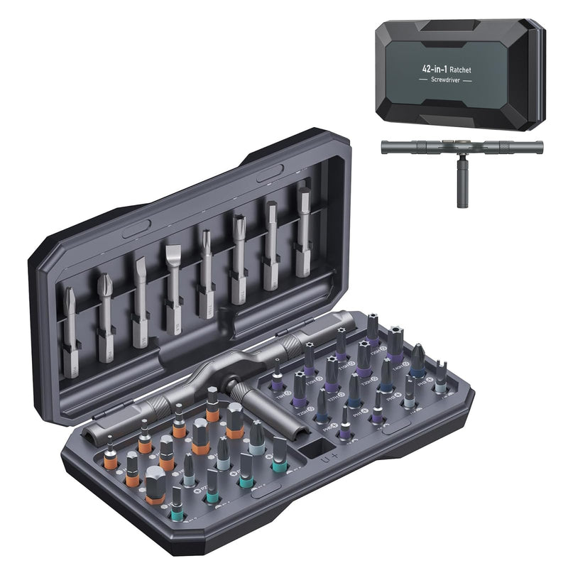 42 in 1 Magnetic Screwdriver Set - Olipiter Ratchet Screwdriver Set with 40 PCS Magnetic Bits, Computer Screwdriver Kit, Ratcheting Screwdriver with Rotatable Ratchet Handle for Funiture Computer Grey