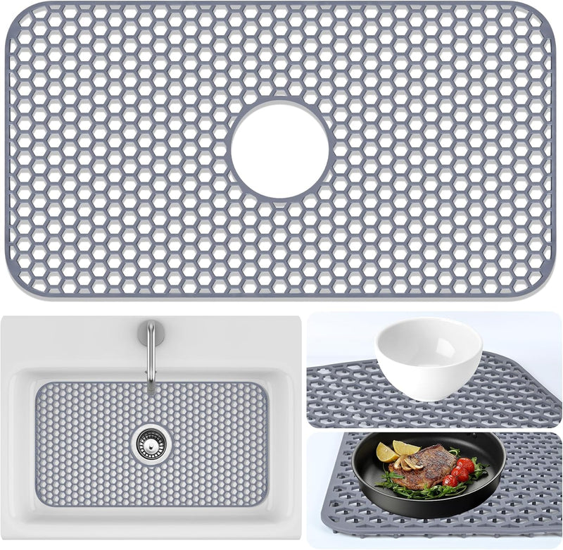 Sink Protectors Mat - 25.79"x13.98" Kitchen Sink Pad for Bottom of Basin for Protection of Stainless Steel and Tableware, Farmhouse Rubber Basin Mat Protector with Center Drain - Light Gray 25.79"x13.98" - Center Drain