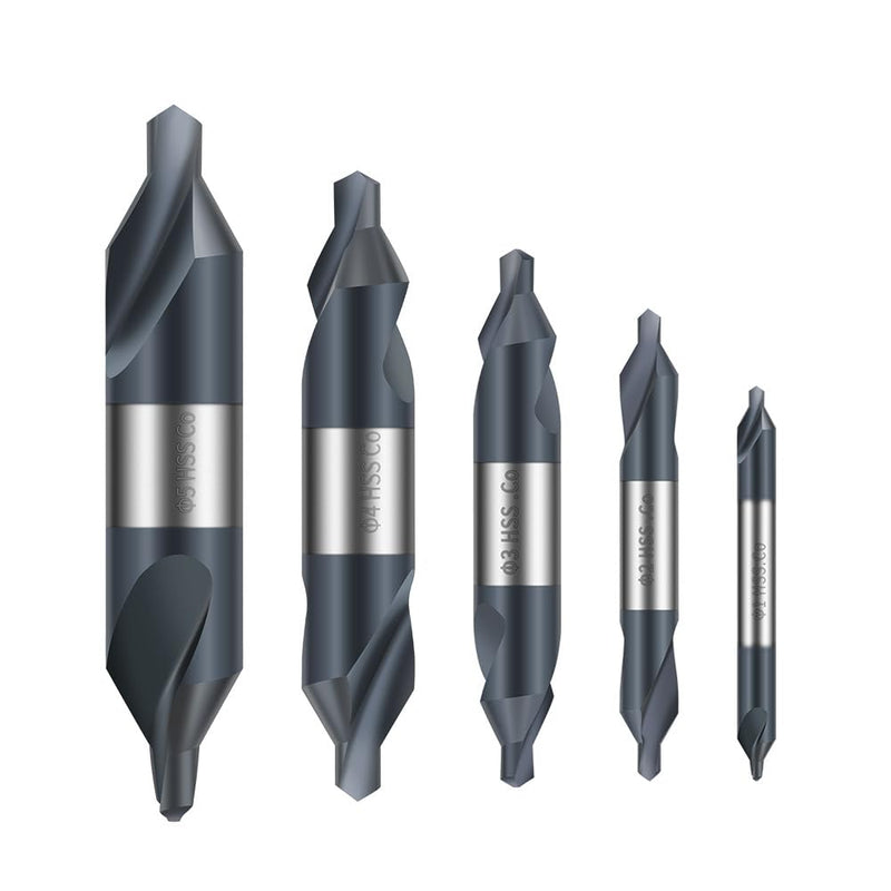 Center Drill Bit Set HSS.Co Cobalt containing high-Speed Steel TiAlN Coated Suitable for Hardened Steel, Stainless Steel, Alloy Steel, Copper and Other Hard Metals Metric 1-5mm (5pcs)