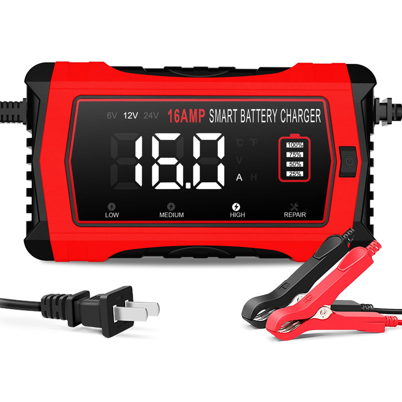 16 Amp Battery Charger, Car Battery Charger 6V 12V 24V Lithium,Lifepo4,Lead-Acid(AGM/Gel/SLA..),Battery Maintainer, Trickle Charger, and Battery Desulfator for Car,Boat,Motorcycle… 16A