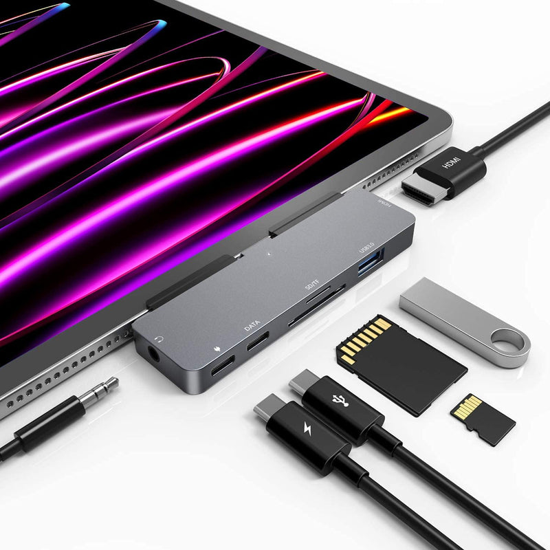 iPad Pro M4/M2/M1 13/11/12.9, iPad Air 5, 7 in 1 Adapter - 4K 60Hz HDMI, 3.5mm Headphone Jack, USB3.0, USB C PD Charging & Data, SD/Micro SD Card Reader 7 in 1 4K60Hz