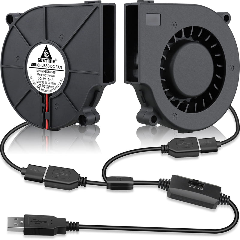 GDSTIME 2-Pack 75mm x 15mm USB Blower Fan with 3 Speed Control, DC 5V Brushless Turbo Cooling Fan for Helmet Laptop 3D Printer