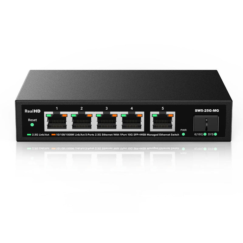 5 Port 2.5GB Web Managed Ethernet Network Switch | 5 x 2.5 Gigabit | 1 x 10Gb SFP+ | Multigig Switch 10-100-1000Mbps | 45G Bandwidth | Fanless Metal Internet Switch 5 Port 2.5GB Web Managed Switch