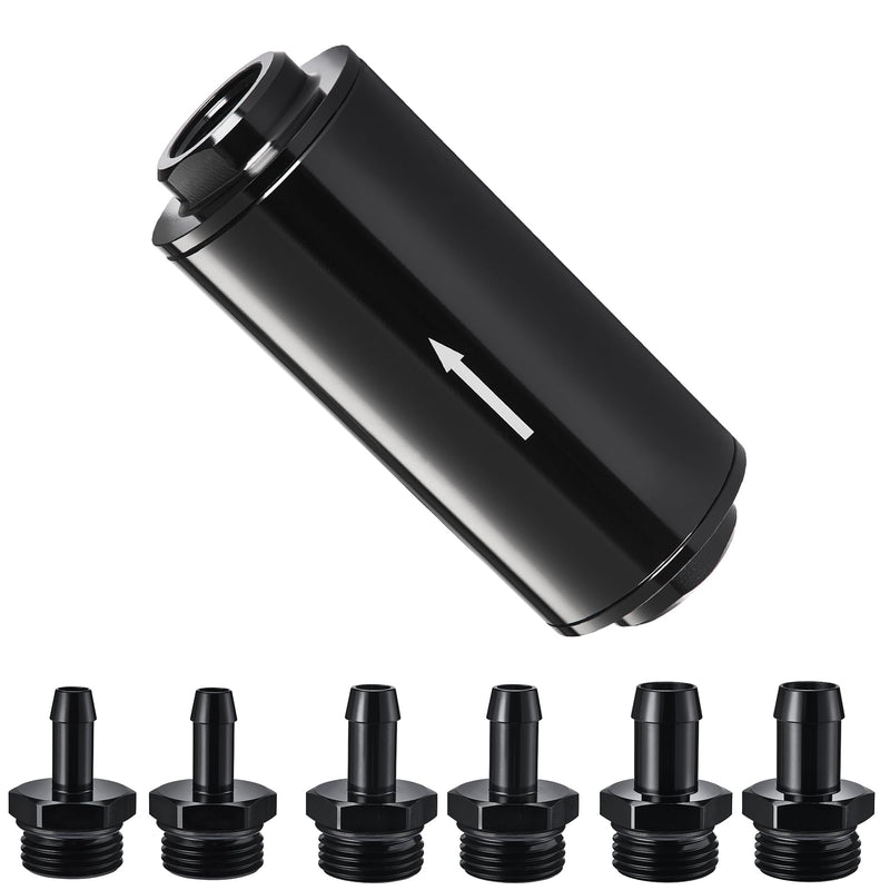 EVIL ENERGY Inline Fuel Filter 10 Micron with Barb 1/2", 3/8", 5/16" Fitting Adapter 50MM Universal Aluminum Black, for Gasoline, Diesel, Rubber Fuel Line, Car EFI & Carb Fuel Systems
