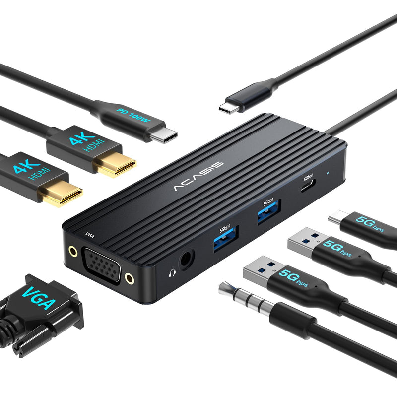 ACASIS USB C Docking Station Dual Monitors,8-in-1 Laptop Docking Station with Dual Monitor 2*HDMI +VGA +3 * 5G USB-A/C+3.5MM Audio+PD100W, Laptop Dock for Dell/HP/Lenovo ThinkPad（Black） Black