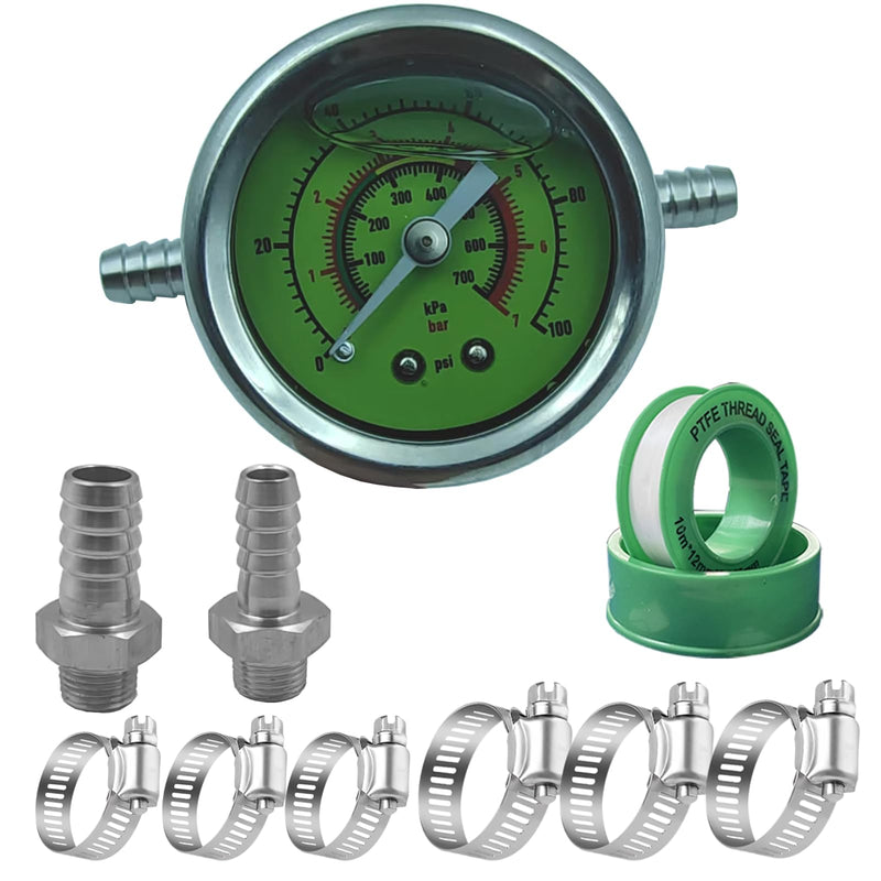 0-100psi Glycerin Filled Fuel Pressure Gauge Kit, Fuel Pressure Gauge Kit, 1-1/2" Dial Size Fuel Pressure Gauge for Car, 1/8'' NPT Inline Fuel Pressure Gauge with 3/8'' 5/16'' Barb, Back Mount