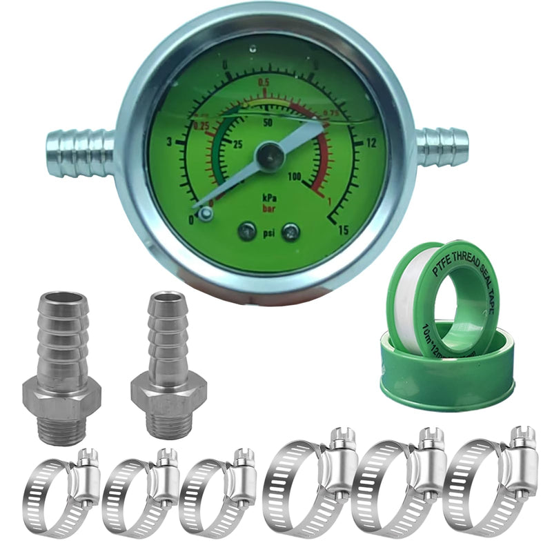 Fuel Pressure Gauge Kit, 0-15psi Glycerin Filled Fuel Pressure Gauge Kit, 1-1/2" Dial Size Fuel Pressure Gauge for Car, 1/8'' NPT Inline Fuel Pressure Gauge with 3/8'' 5/16'' Barb, Back Mount
