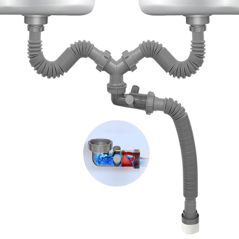 Double Sink Drain Kit Flexible 1 1/2 Inch P-Trap Pipe Comes with Visual One Way Drain Valve 4-Way Connector for Bathroom Kitchen Sink Dishwasher Garbage Disposer Drain Pipe 1 1/2 inches Gray