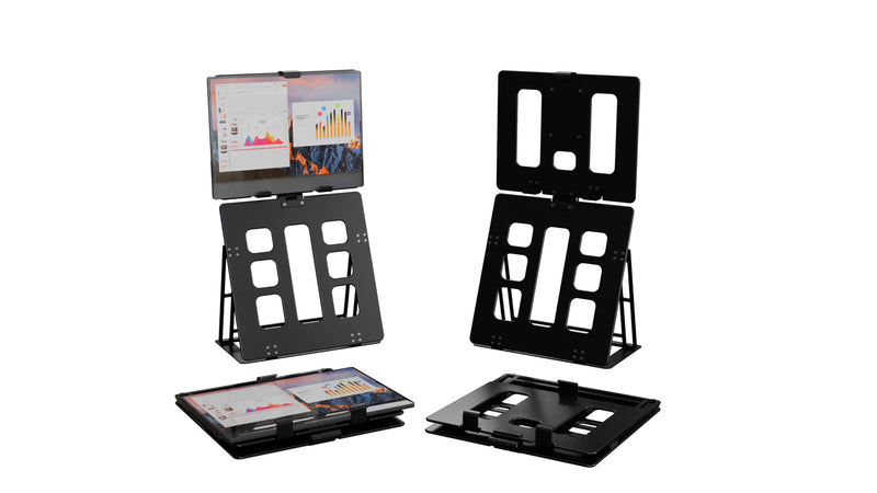 HNL Portable Monitor Stand, iPad & Tablet Holder, clamp Retention, Foldable, mountable Small Desk, Supports 7.75 inch to 10.75 inch Screen Width, Travel with Laptop, Black