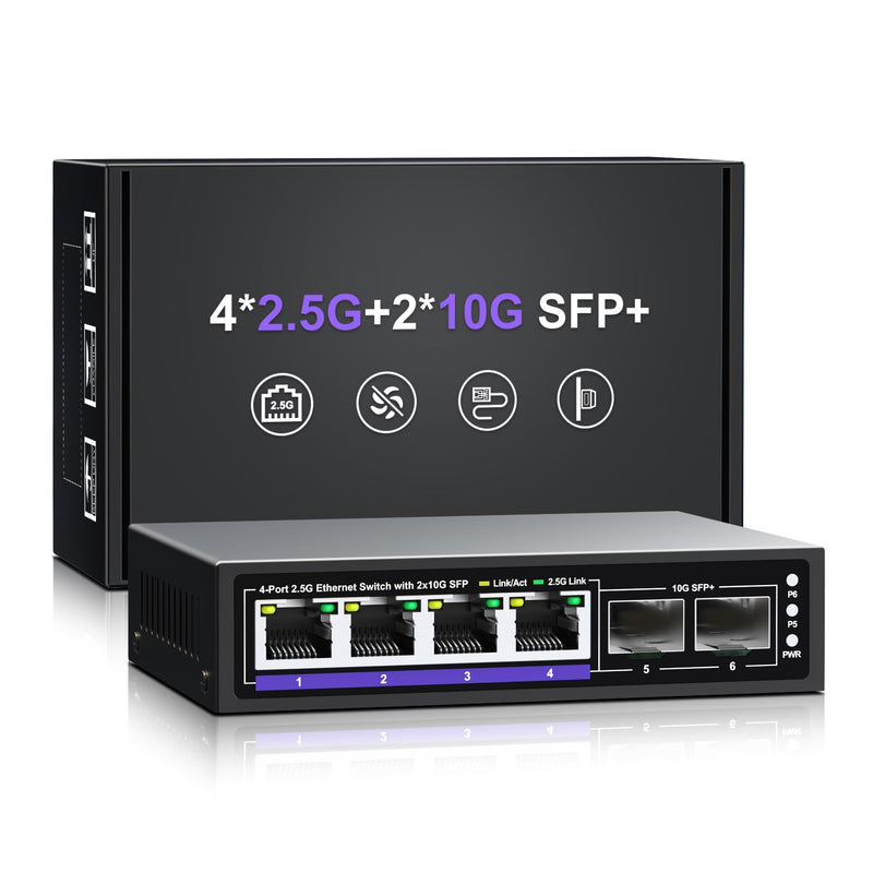 6 Port 2.5G Unmanaged Ethernet Switch, 4 x 2.5G Base-T Ports, 2 x 10G SFP+, Compatible with 100/1000/2500Mbps, Metal Fanless, Desktop/Wall Mount NICGIGA 2.5Gbe Network Switch for Wireless AP, NAS, PC 6 Port | 4x 2.5G + 2x 10G SFP+
