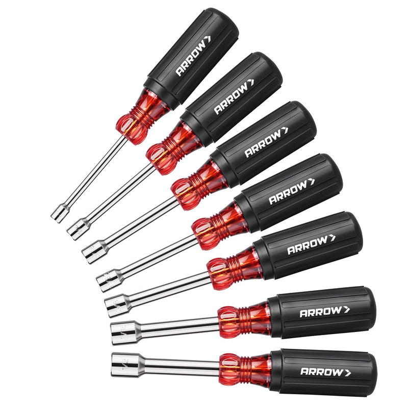 ARROW Nut Driver Set, 7 PCS SAE Nut Drivers with Non-Slip Grip, Cr-V Steel, 1-Inch Hollow Shaft, Hex Sizes 3/16, 1/4, 5/16, 11/32, 3/8, 7/16, 1/2-Inch, Easy for Tightening and Unscrewing