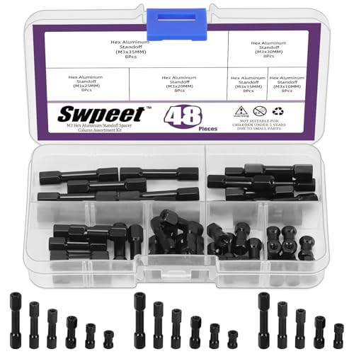 Swpeet 48Pcs 6 Sizes M3 Hex Aluminum Standoff Spacer Column Assortment Kit, M3×10/15/20/25/30/35mm Hexagonal Connecting Column, Hex Standoff Spacer Hexagon Studs for RC Aircraft, Drone, CN, FPV