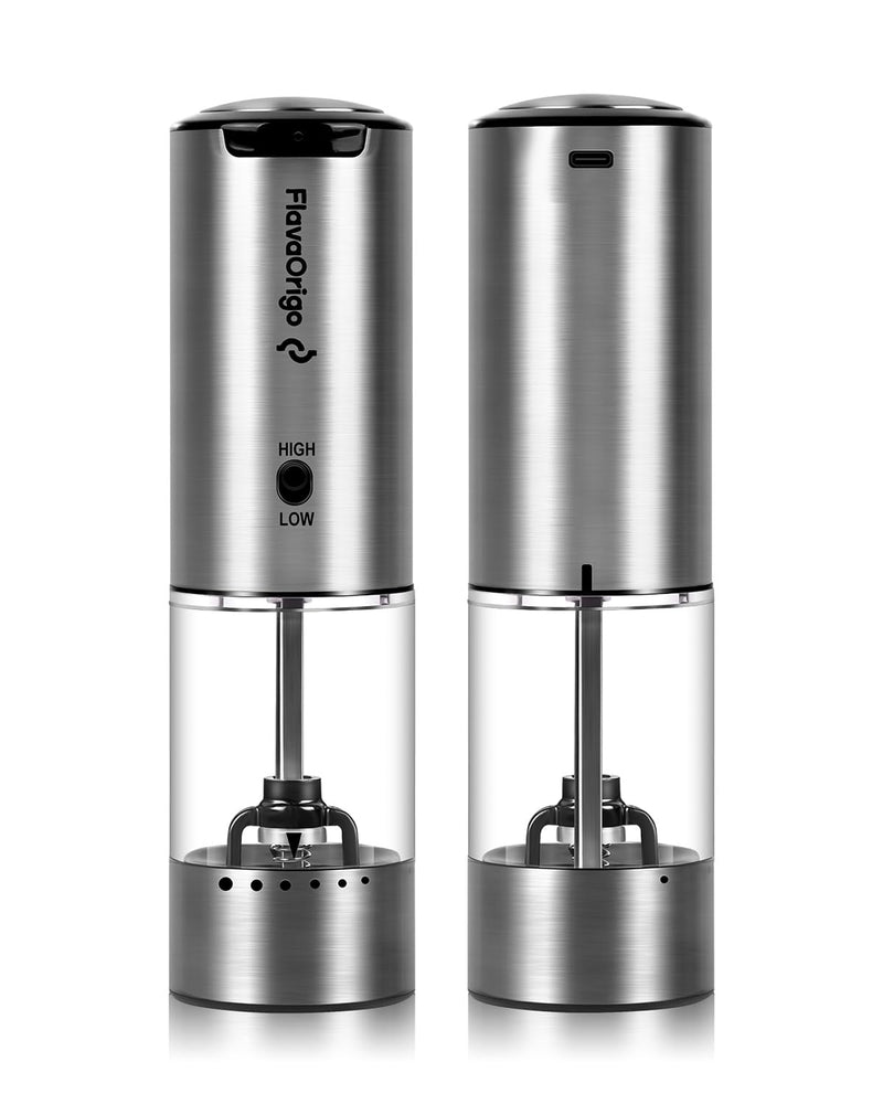 USB-C Rechargeable Electric Salt & Pepper Grinder Set - External Adjustable Coarseness (6 Settings), Large Capacity, Dual-Speed Control, One-Hand, LED, Stainless Steel (2 Pack)