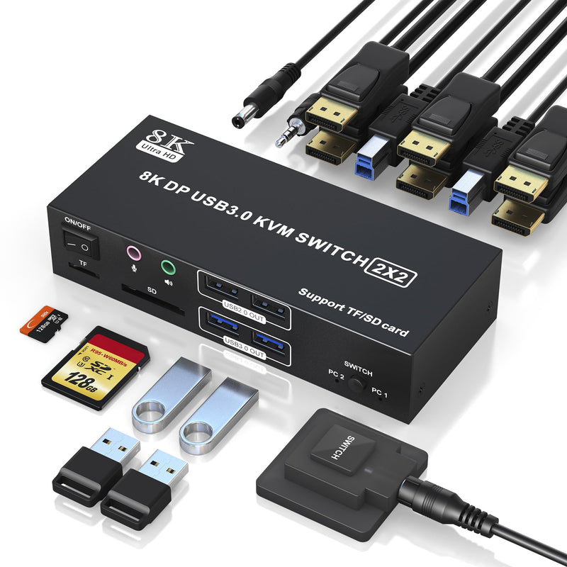8K@60Hz Displayport KVM Switch 2 Monitors 2 Computers, 4K@120Hz USB 3.0 KVM Switch Displayport with Audio Microphone Output and 4 USB Ports, SD/TF Slots, Displayport KVM Support Extended & Copy Mode