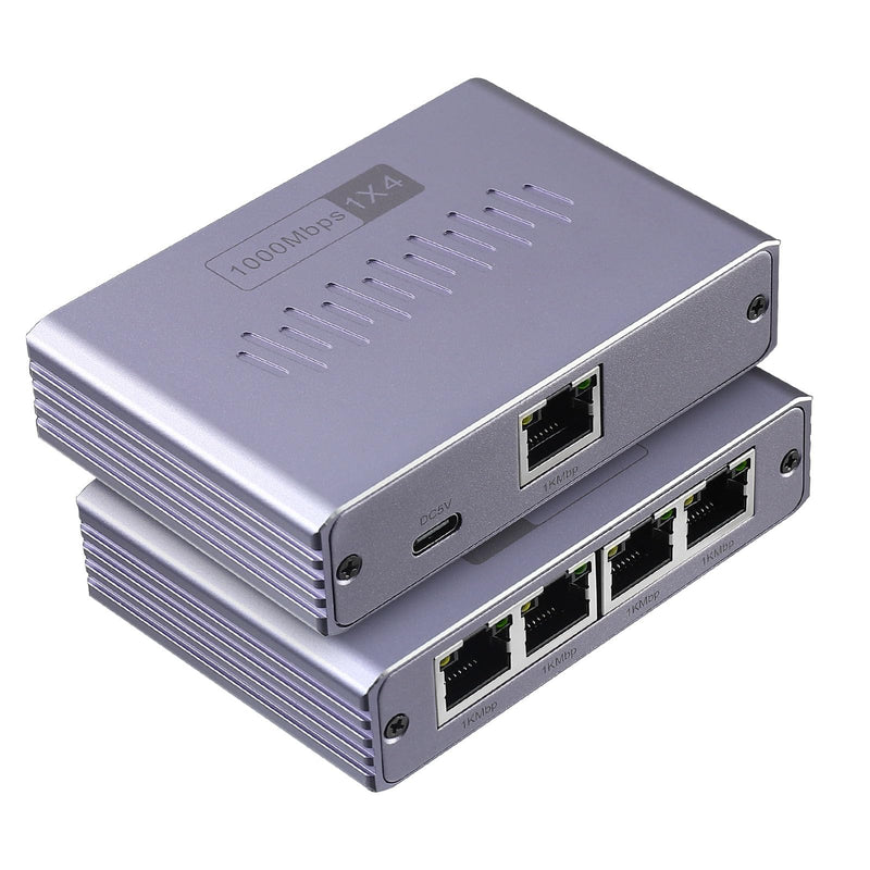 Gigabit Ethernet Splitter 1 to 4 - Network Splitter with USB Power Cable, RJ45 Internet Splitter Adapter 1000Mbps High Speed for Cat 5/5e/6/7/8 Cable [4 Devices Networked Simultaneously] (ES-1X4) ES-1X4