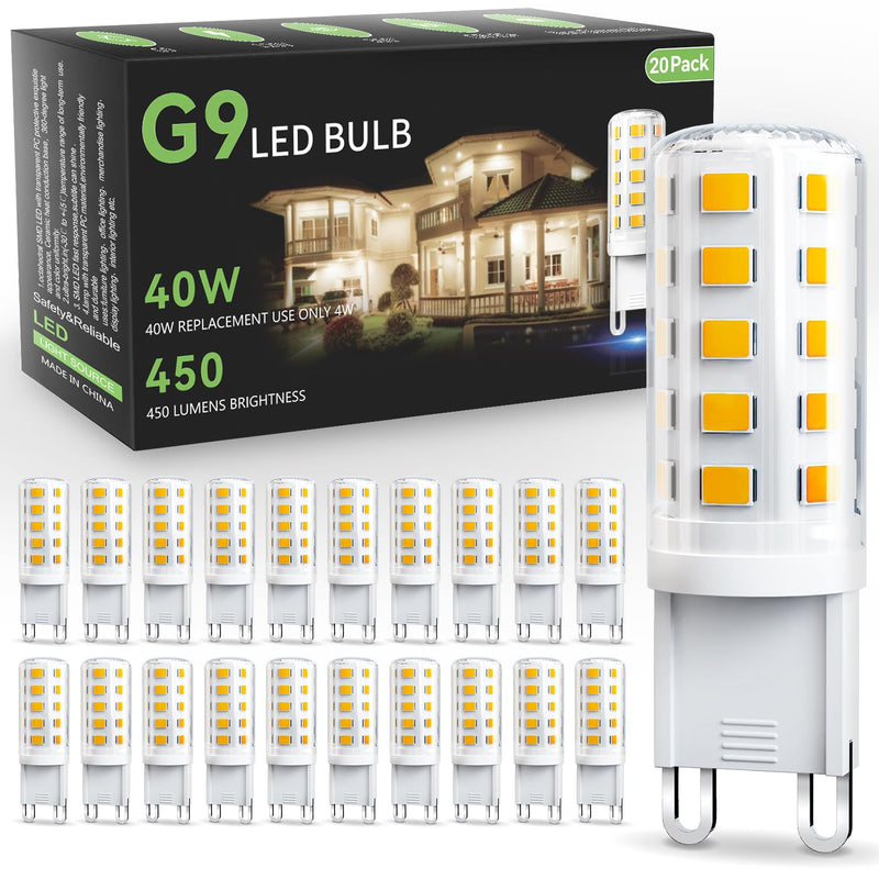TJOY 20 Pack G9 LED Bulb 4W, 40 Watt Equivalent Halogen, 3000K Warm White Chandelier Light Bulbs, T4 G9 Bi-pin Base for Crystal Chandelier Home Lighting, 360 Degree Angle, 120V,Non-dimmable Non-dimmable