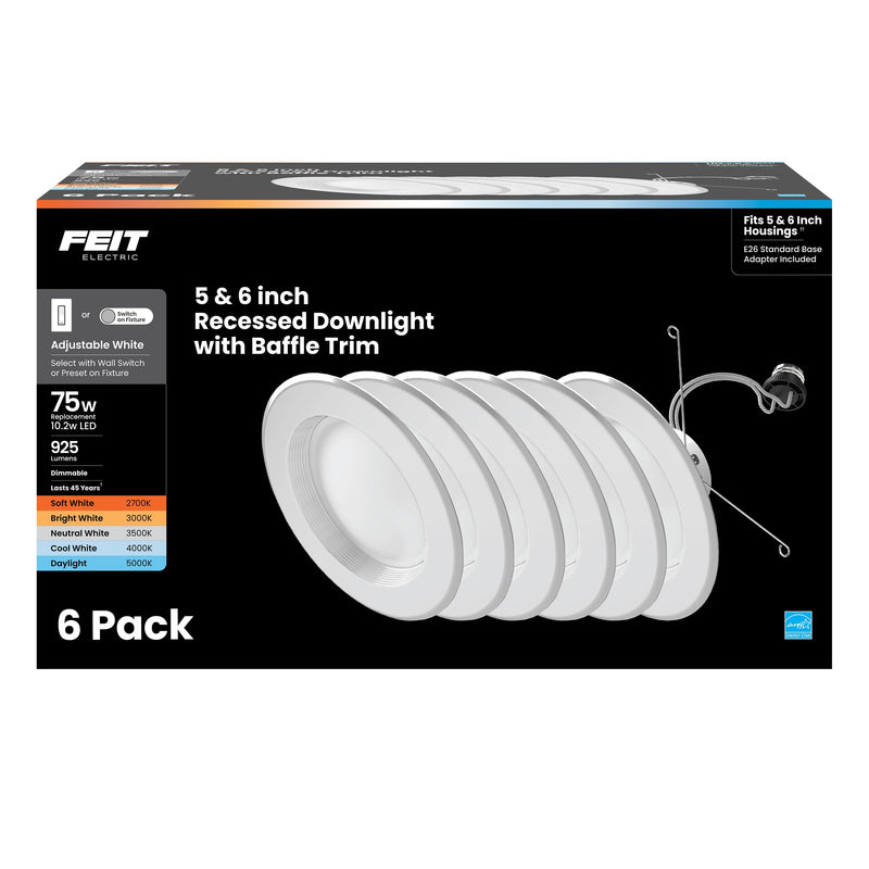 Feit Electric LED Recessed Light Retrofit Kit - 5/6 in Dimmable with Baffle Trim, 75W Equivalent, Adjustable White 2700K–5000K, 90+ CRI, for Living, Bathroom, Dining & Kitchen Room 6 Count (Pack of 1) 6 Way + 75W